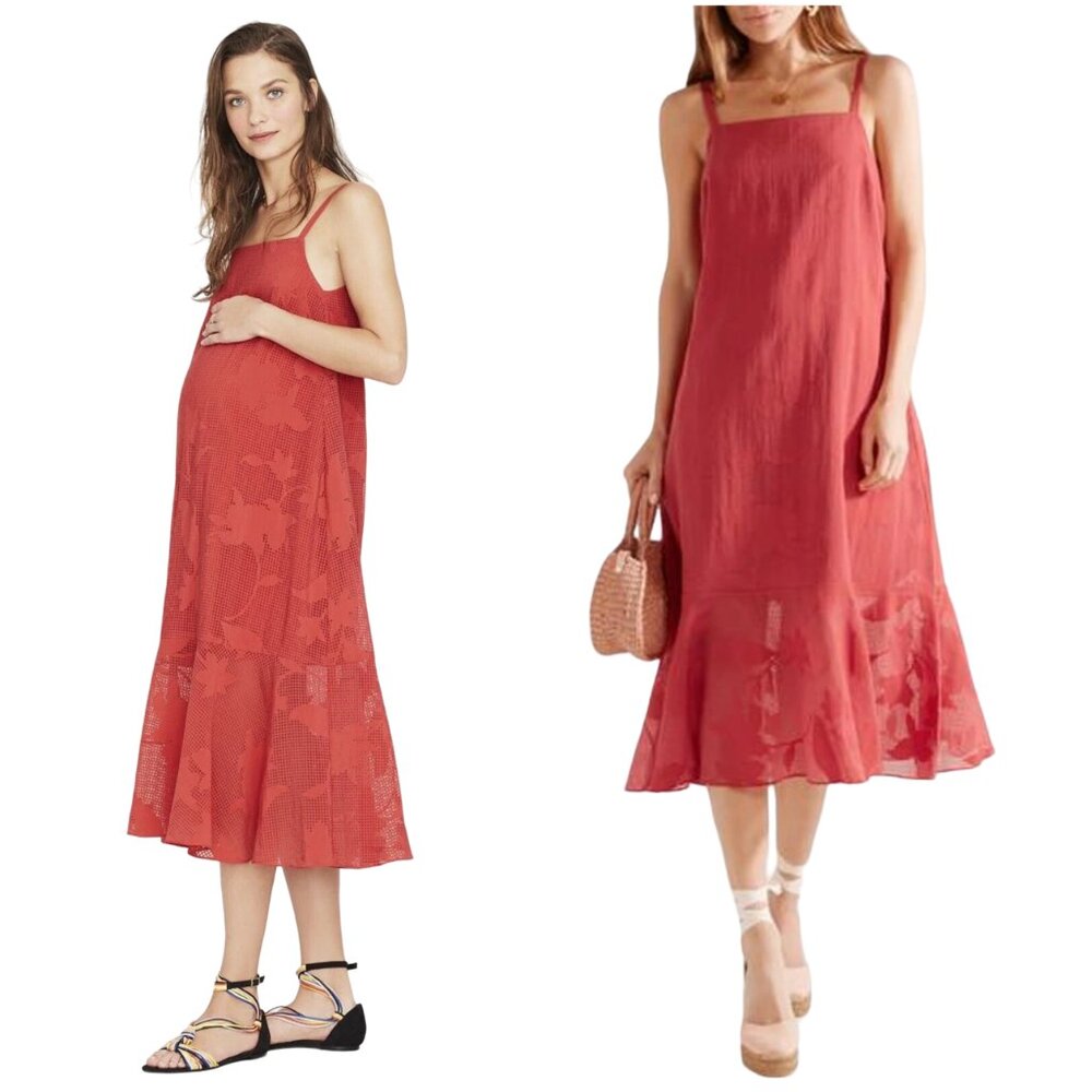 HATCH Paola Midi Dress brick red size 1 S small maternity Ruffled Burnout voile